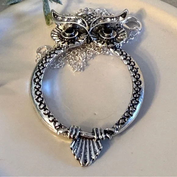 Silvertone Owl Pendant With magnifying glass with chain - Picture 4 of 7